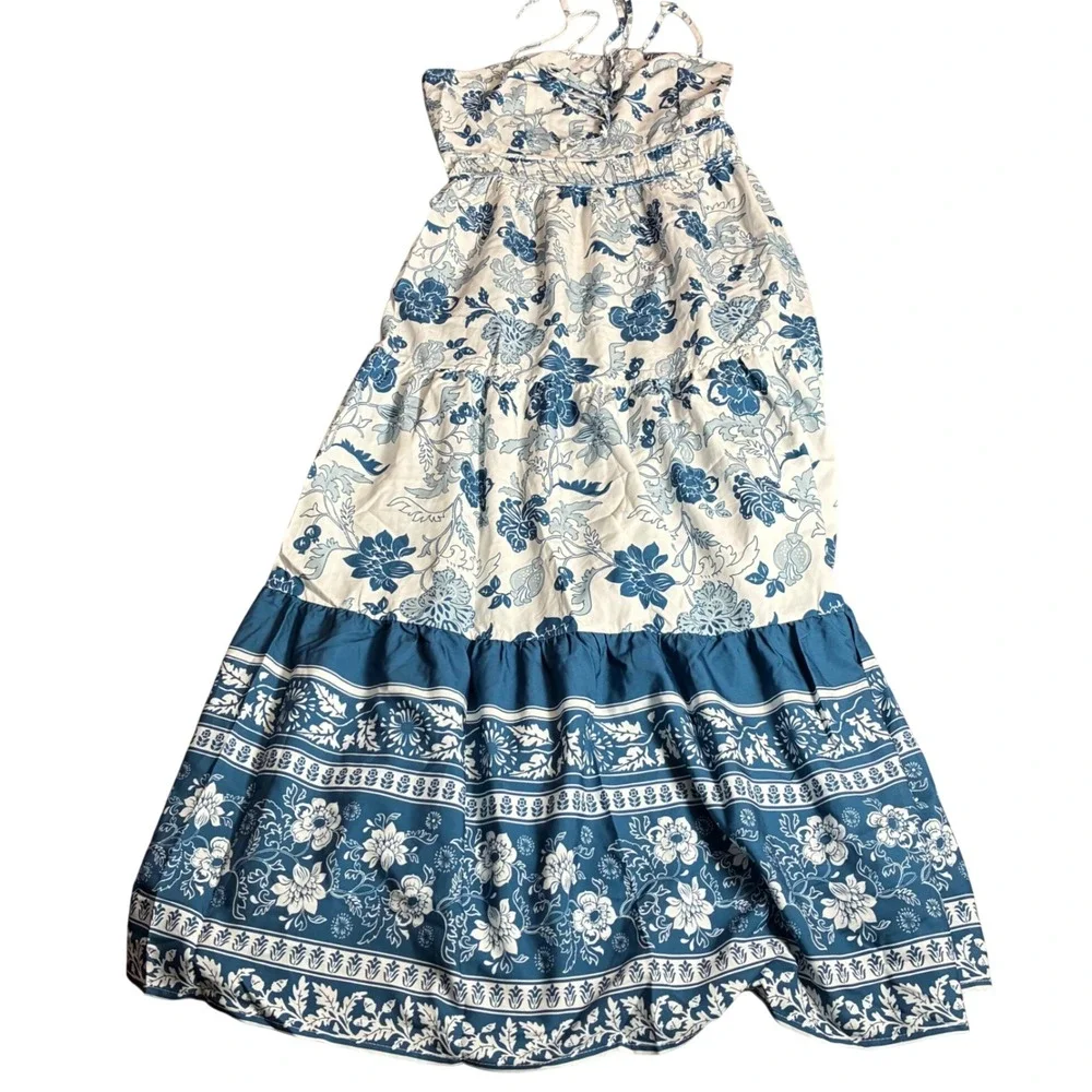 Cupshe Floral Maxi Dress Womens M Blue White Ruched Slip Boho NEW - Picture 3 of 11